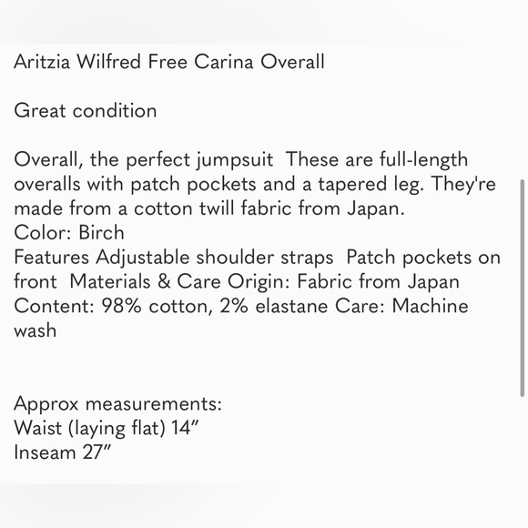 Aritzia Wilfred Free Carina Overall SZ XS - Picture 6 of 6
